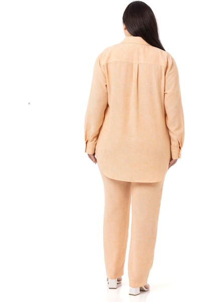 Büyük Beden Keten Gömlek Pantolon Somon Ikili Takım modelleri