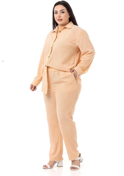 Büyük Beden Keten Gömlek Pantolon Somon Ikili Takım fırsatları