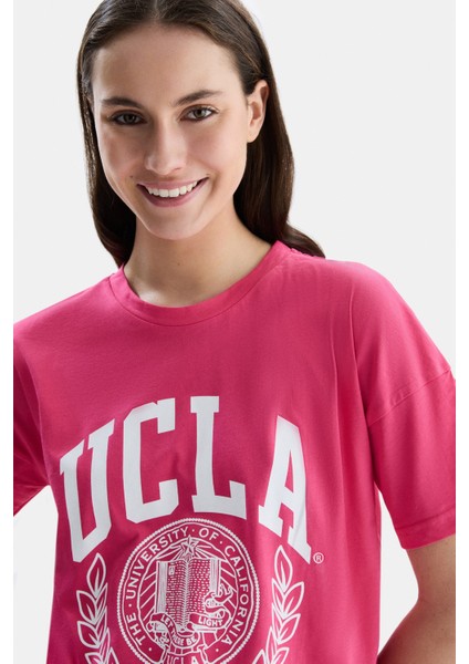 Avalon Pembe Bisiklet Yaka Baskılı Oversize Kadın Tshirt