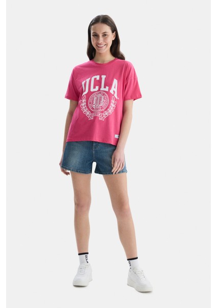 Avalon Pembe Bisiklet Yaka Baskılı Oversize Kadın Tshirt