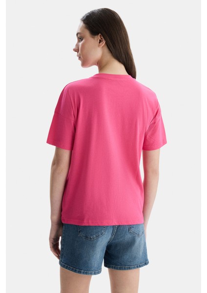 Avalon Pembe Bisiklet Yaka Baskılı Oversize Kadın Tshirt
