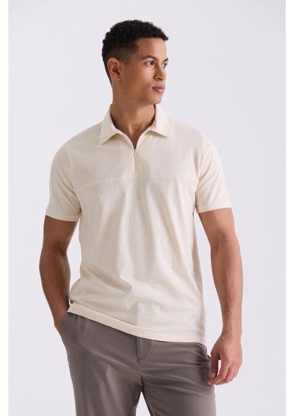 Bej Slim Fit Fermuarlı Polo Yaka T-Shirt