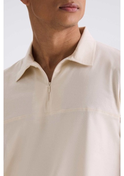 Bej Slim Fit Fermuarlı Polo Yaka T-Shirt modelleri