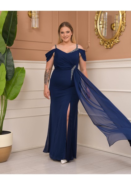 Taş Askılı Şifon Yırtmaçlı Lacivert Büyük Beden Abiye