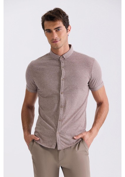 Bej Slim Fit Gömlek Yaka T- Shirt