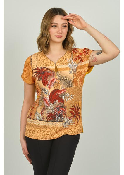 Kadın Fermuar Yakalı Desenli Kısa Kol Bluz 20E073 Hardal