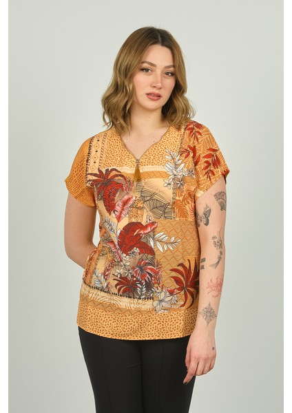Kadın Fermuar Yakalı Desenli Kısa Kol Bluz 20E073 Hardal fiyatları