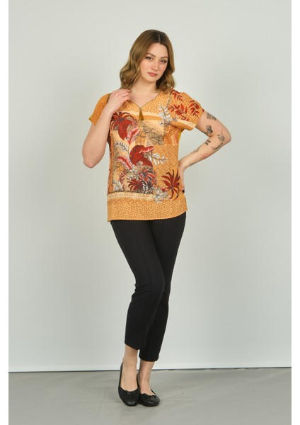 Kadın Fermuar Yakalı Desenli Kısa Kol Bluz 20E073 Hardal modelleri