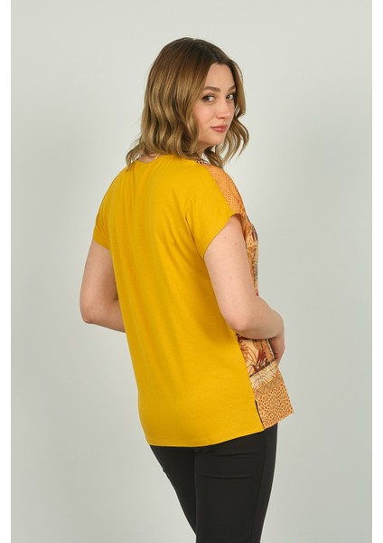 Kadın Fermuar Yakalı Desenli Kısa Kol Bluz 20E073 Hardal fırsatları