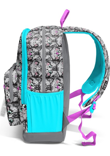 Dört Bölmeli Gri Kedi Desenli Okul Sırt Çantası