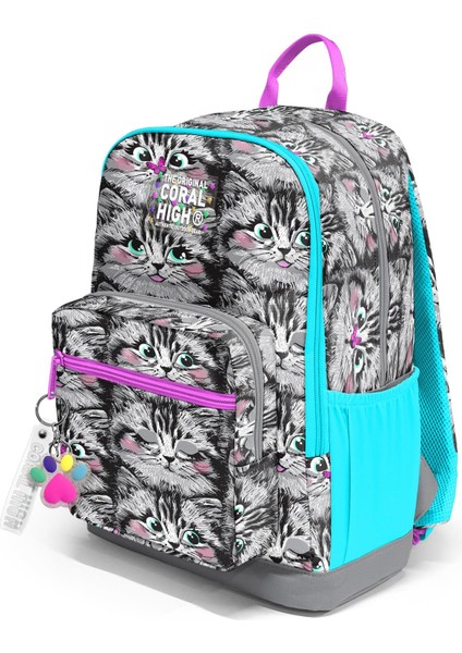 Dört Bölmeli Gri Kedi Desenli Okul Sırt Çantası
