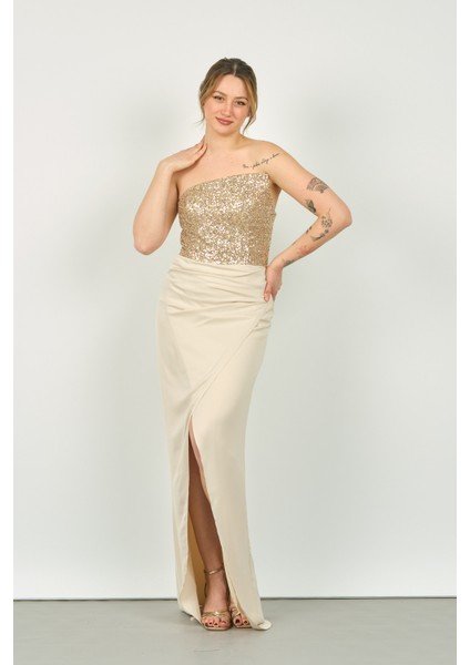 Kadın Üst Payetli ve Straplez Alt Anvelop Etek Uzun Abiye Elbise 5047 Bej