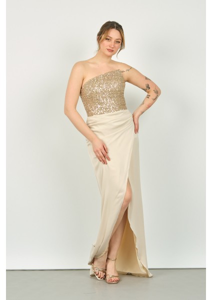 Kadın Üst Payetli ve Straplez Alt Anvelop Etek Uzun Abiye Elbise 5047 Bej fiyatları