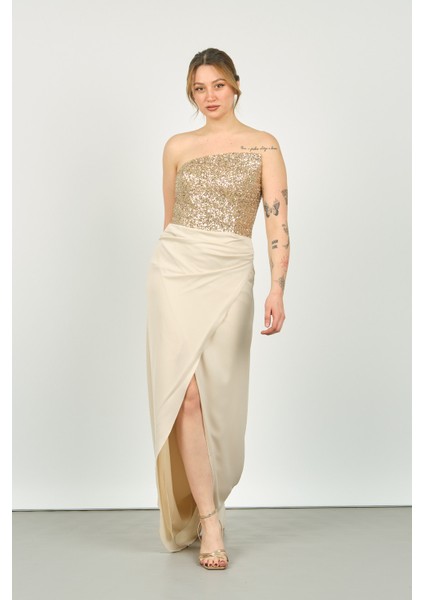 Kadın Üst Payetli ve Straplez Alt Anvelop Etek Uzun Abiye Elbise 5047 Bej modelleri