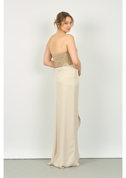 Kadın Üst Payetli ve Straplez Alt Anvelop Etek Uzun Abiye Elbise 5047 Bej fırsatları