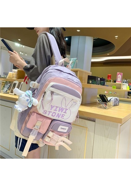 Beş Parça Okul Çantası Kadın Ortaokul Öğrencileri Büyük Kapasiteli Sırt Çantası Ilkokul Öğrencileri Kampüsü Sevimli Kız Kalp Sırt Çantası (Yurt Dışından)