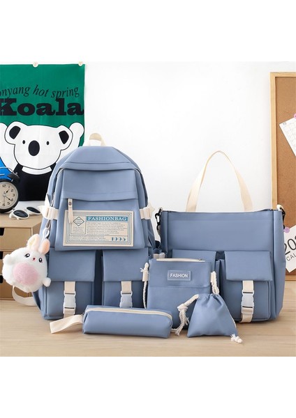 Okul Çantası Kadın Beş Parçalı Set Üniversite Öğrencileri Lise Ortaokul Öğrencileri Küçük Taze Tuval Kontrast Renkli Sırt Çantası Sırt Çantası (Yurt Dışından)