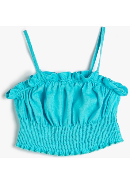Keten Crop Bluz Askılı Fırfırlı Gipe Detaylı