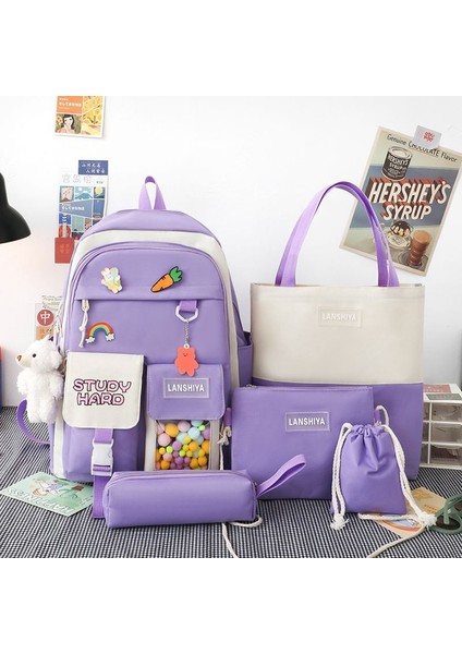 Ilkokul Kızları Için Sırt Çantası, Ortaokul Öğrencileri, Sırt Çantası, Büyük Kapasiteli, Her Şeye Uygun, Ultra Hafif Sırt Çantası, Kolej Tarzı Bayan Beş Parçalı Set (Yurt Dışından)