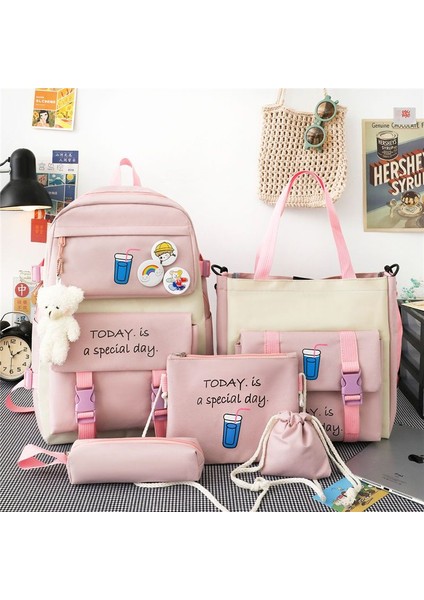 Büyük Kapasiteli Beş Parçalı Okul Çantası Kadın Ilkokul Öğrencileri Ortaokul Küçük Taze Moda Sırt Çantası (Yurt Dışından)