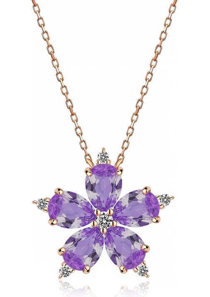 Gümüş Rose Lila Kamelya Çiçeği Kolye