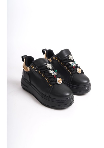 BRIANNA Bağcıklı Ortopedik Taban Renkli Taş Dekorlu Kadın Sneaker Ayakkabı ST Siyah/Altın