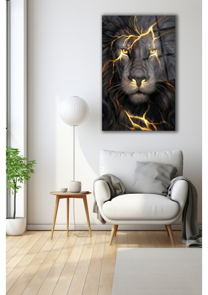 Aslan Dikey Cam Tablo Ev Ofis Salon Duvar Dekoru, Hediyelik Büyük Tablo