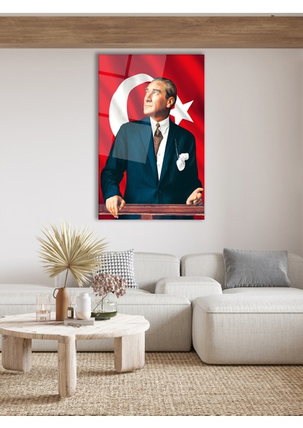 Duvar Sanatı Mustafa Kemal Atatürk ve Türk Bayrağı Dikey Cam Tablo Modern Ev Ofis Salon Hediyelik Büyük Tablo