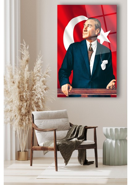 Duvar Sanatı Mustafa Kemal Atatürk ve Türk Bayrağı Dikey Cam Tablo Modern Ev Ofis Salon Hediyelik Büyük Tablo