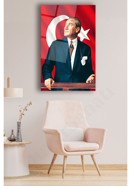 Duvar Sanatı Mustafa Kemal Atatürk ve Türk Bayrağı Dikey Cam Tablo Modern Ev Ofis Salon Hediyelik Büyük Tablo