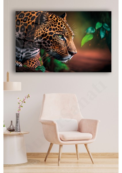 Jaguar Cam Tablo, Aslan Kaplan Ev Ofis Duvar Dekoru, Hediyelik Büyük Cam Tablo