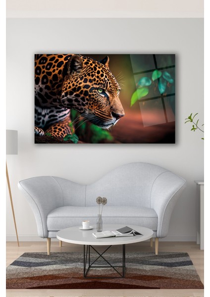 Jaguar Cam Tablo, Aslan Kaplan Ev Ofis Duvar Dekoru, Hediyelik Büyük Cam Tablo