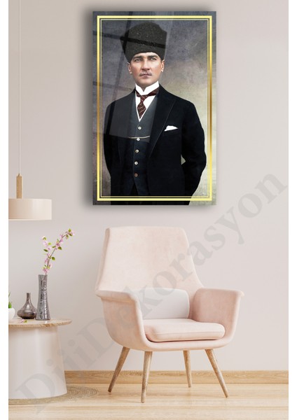 Atatürk Portre Cam Tablo Ev Ofis Salon Için Hediyelik Duvar Dekoru Büyük Tablo