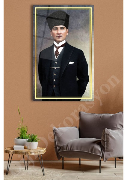 Atatürk Portre Cam Tablo Ev Ofis Salon Için Hediyelik Duvar Dekoru Büyük Tablo