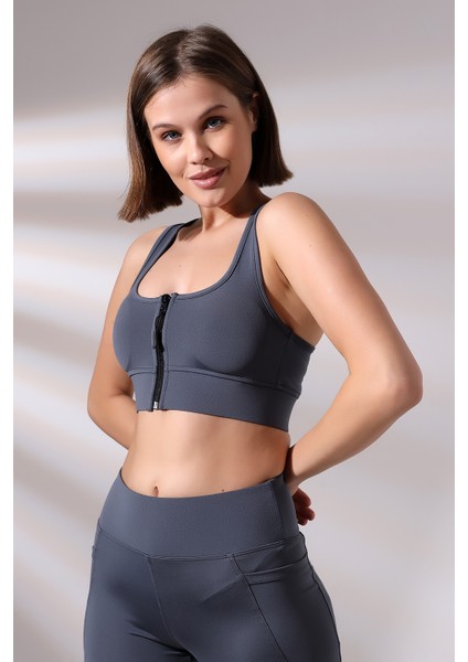 Crop Pedli Destekli Dolgulu Önü Fermuarlı Spor Sütyeni