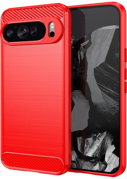 Google Pixel 9 Pro Için Yumuşak Karbon Fiber Fırçalanmış Tpu Telefon Kılıfı - Kırmızı (Yurt Dışından)
