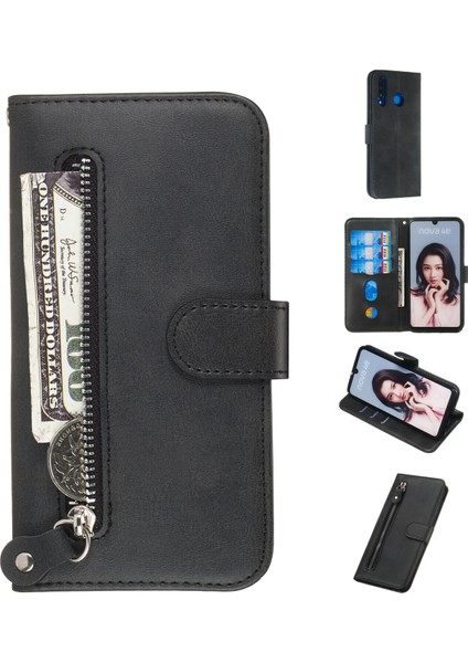 Huawei P30 Lite Moda Fermuar Çevirme Deri Telefon Kılıfı Kart Tutuculu Manyetik Cüzdan Telefon Kılıfı (Yurt Dışından)