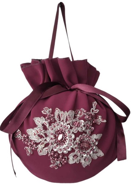 Mürdüm Gelin Takı Kesesi,gelin Çantası,mürdüm Dantelli ve Işlemeli,düğün,nişan,doğum Günü,çanta,kese