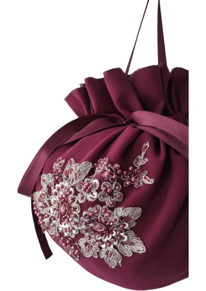 Mürdüm Gelin Takı Kesesi,gelin Çantası,mürdüm Dantelli ve Işlemeli,düğün,nişan,doğum Günü,çanta,kese indirimleri