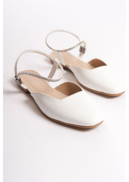 New CAROLINE Lastikli Ortopedik Rahat Taban Bilekten Taş Detaylı Kadın Babet Ayakkabı KT Beyaz