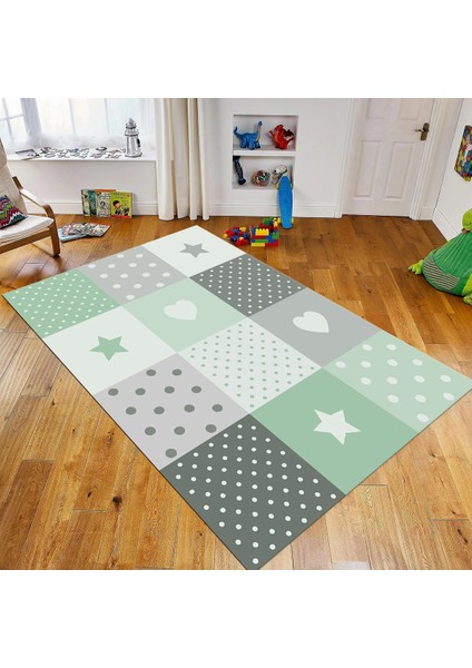 Dijital Baskılı Kaymaz Taban Yıkanabilir Çocuk Odası Oyun Halısı, V-Çocuk-10-Yeşil,