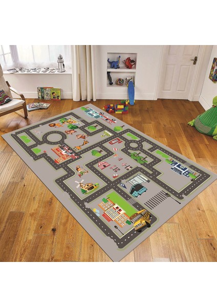 Dijital Baskılı Kaymaz Taban Yıkanabilir Çocuk Odası Oyun Halısı, V-Çocuk-20-Gri,