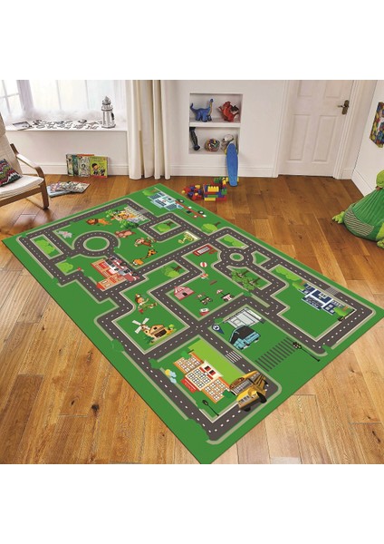 Dijital Baskılı Kaymaz Taban Yıkanabilir Çocuk Odası Oyun Halısı, V-Çocuk-20-Yeşil,