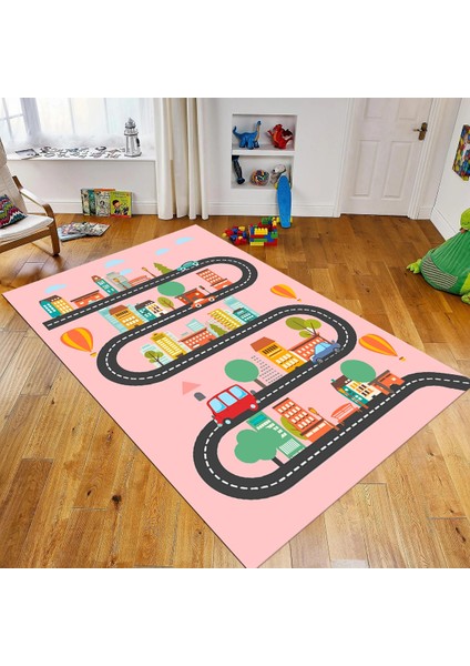 Dijital Baskılı Kaymaz Taban Yıkanabilir Çocuk Odası Oyun Halısı, V-Çocuk-18-Pembe,