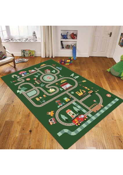Dijital Baskılı Kaymaz Taban Yıkanabilir Çocuk Odası Oyun Halısı, V-Çocuk-48-Yeşil,