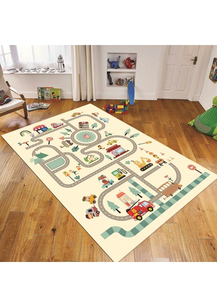 Dijital Baskılı Kaymaz Taban Yıkanabilir Çocuk Odası Oyun Halısı, V-Çocuk-48-Krem,