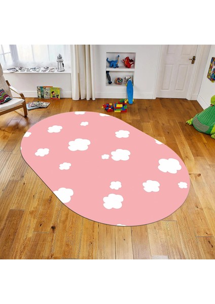Dijital Baskılı Kaymaz Taban Yıkanabilir Oval Çocuk Odası Oyun Halısı, V-O-Çocuk-08-Pembe,