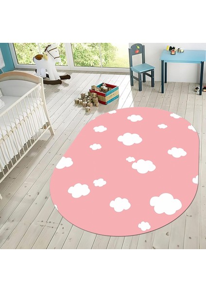 Dijital Baskılı Kaymaz Taban Yıkanabilir Oval Çocuk Odası Oyun Halısı, V-O-Çocuk-08-Pembe,