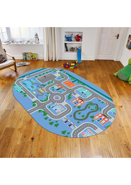 Dijital Baskılı Kaymaz Taban Yıkanabilir Oval Çocuk Odası Oyun Halısı, V-O-Çocuk-47-Mavi,
