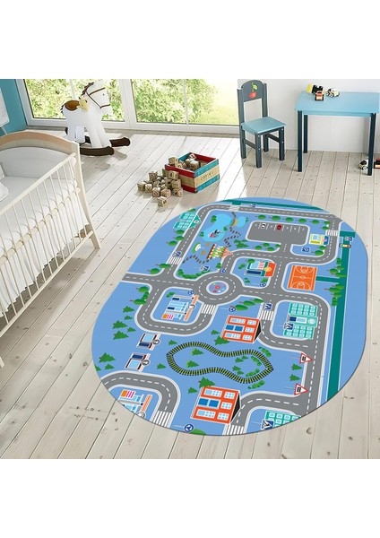 Dijital Baskılı Kaymaz Taban Yıkanabilir Oval Çocuk Odası Oyun Halısı, V-O-Çocuk-47-Mavi, fiyatları